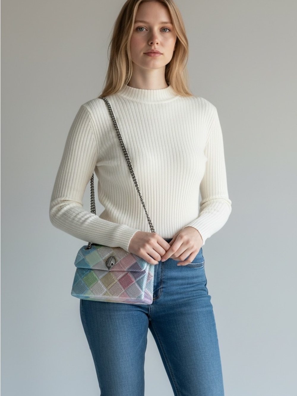 Kurt Geiger Medium Kingston Pastel Quilted Crystal Bag with Silver Chain